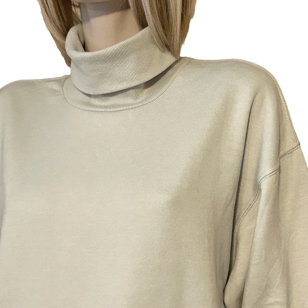 ZARA Turtleneck Sweater Top Classic Fleece Beige Ecologically Grown Oversized - Picture 2 of 16